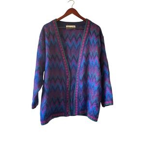 Vintage Lord Isaacs Womens Large Geometric Zig Zag Mohair‎ Wool Blend Cardigan